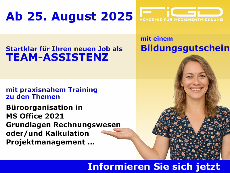 Ankündigung für einen Team-Assistenten-Job mit Bildungsangebot und Trainingsinformationen.