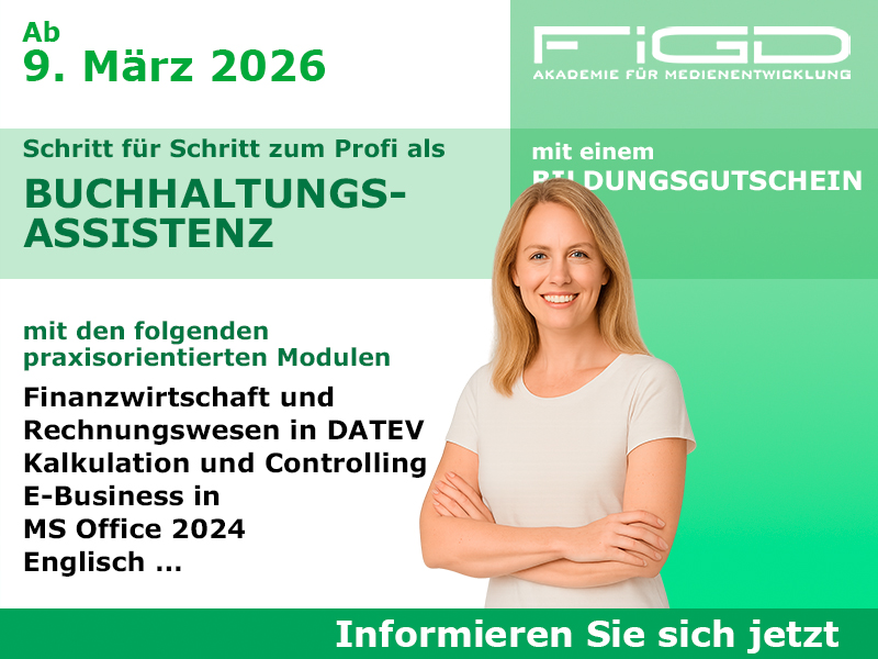 Buchhaltungsassistenz 1 Buchhaltungsassistenz – Weiterbildung an der FiGD Akademie in Berlin, 100% förderbar mit Bildungsgutschein.