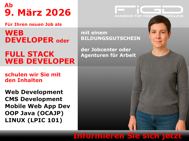 Web Developer – Weiterbildung an der FiGD Akademie in Berlin, 100% förderbar mit Bildungsgutschein.