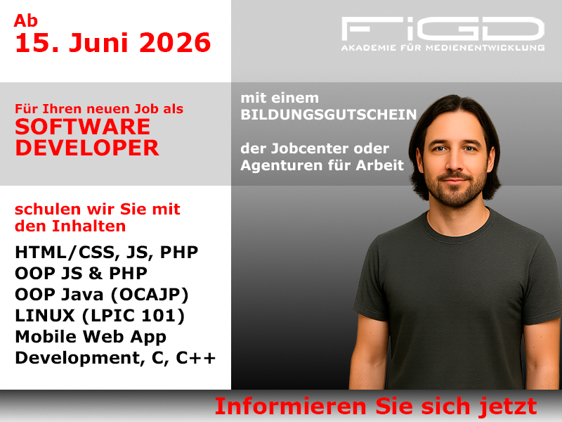 Software Developer 1 Software Developer Weiterbildung in Berlin – 100 %% förderbar mit Bildungsgutschein bei der FiGD Akademie.