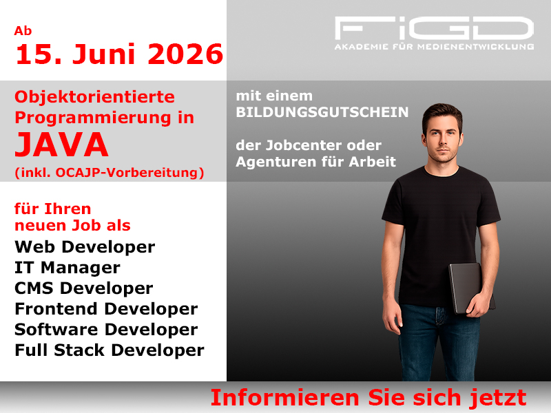 OOP Java 1 Oop Java Java Weiterbildung Weiterbildung in Berlin – 100 %% förderbar mit Bildungsgutschein bei der FiGD Akademie.