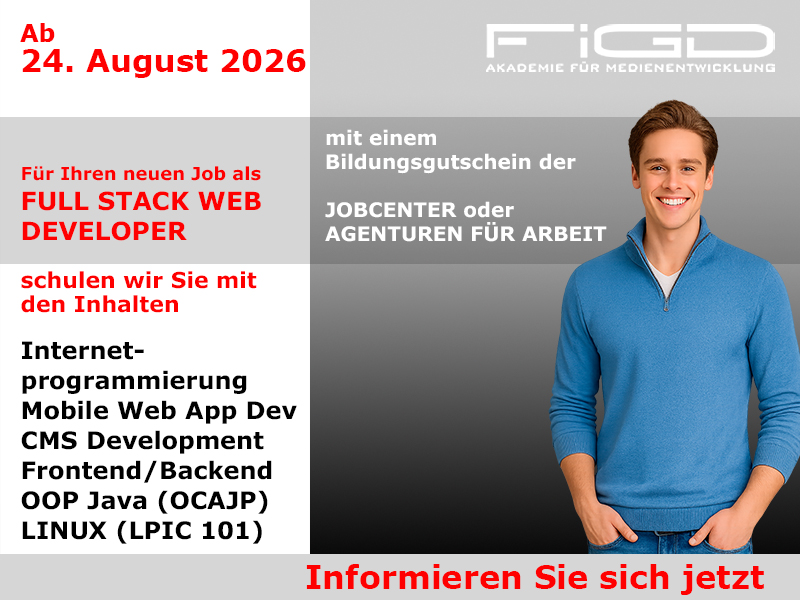 Full Stack Web Developer 1 Full Stack Web Developer Weiterbildung in Berlin – 100 %% förderbar mit Bildungsgutschein bei der FiGD Akademie.