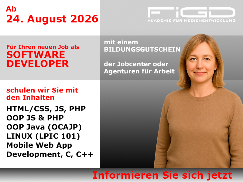 Software Developer 1 Software Developer Weiterbildung in Berlin – 100 %% förderbar mit Bildungsgutschein bei der FiGD Akademie.