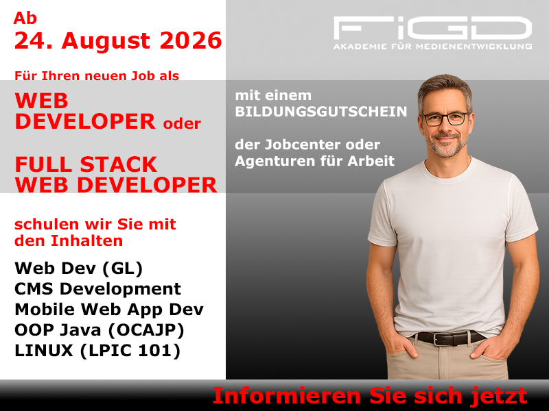 Web Developer 1 Web Developer Full Stack Web Developer Weiterbildung in Berlin – 100 %% förderbar mit Bildungsgutschein bei der FiGD Akademie.