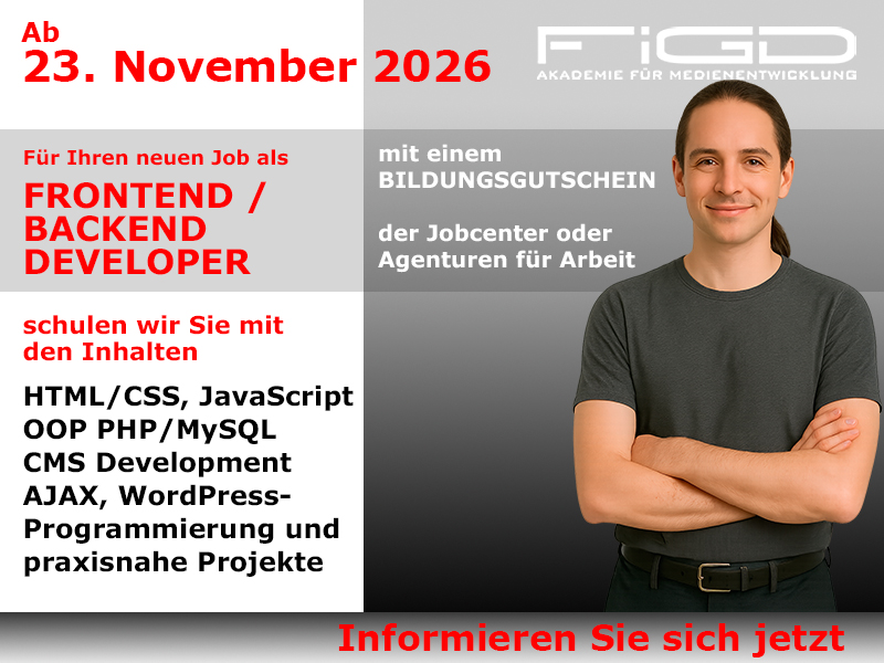 Frontend Backend Developer 1 Frontend Backend Developer Weiterbildung in Berlin – 100 %% förderbar mit Bildungsgutschein bei der FiGD Akademie.