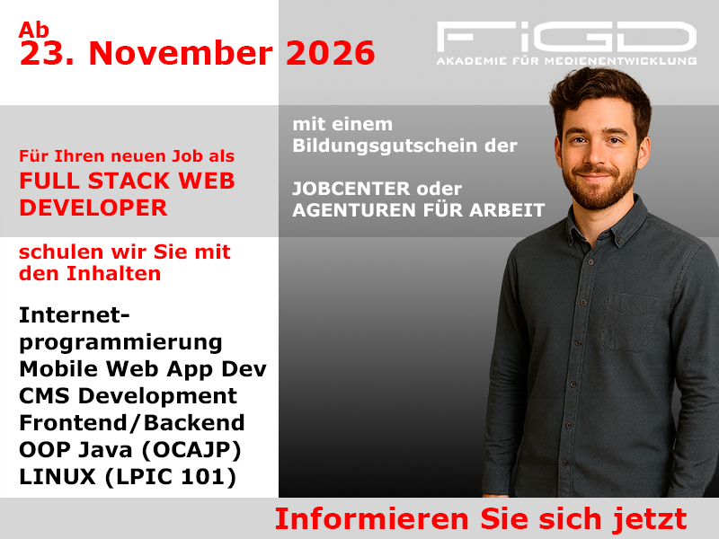 Full Stack Web Developer Weiterbildung in Berlin – 100 %% förderbar mit Bildungsgutschein bei der FiGD Akademie.