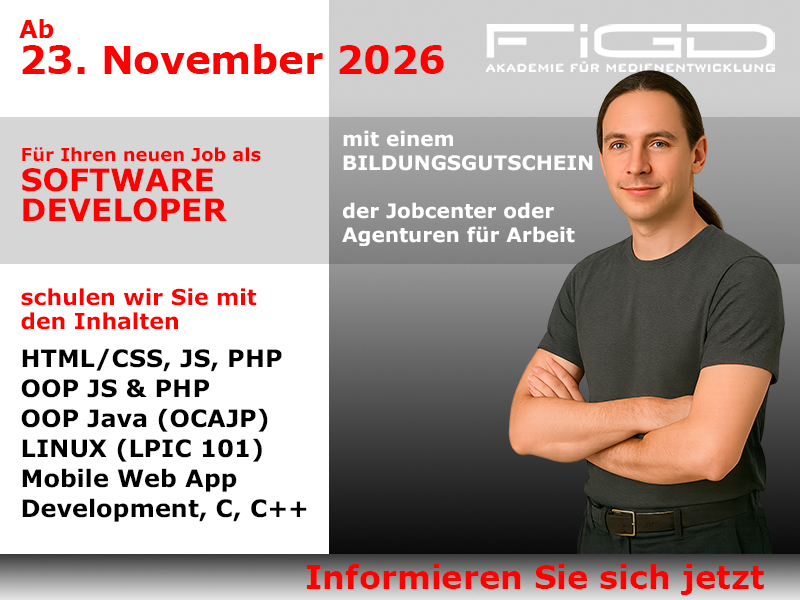 Software Developer Weiterbildung in Berlin – 100 %% förderbar mit Bildungsgutschein bei der FiGD Akademie.