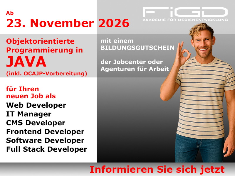 Oop Java Java Weiterbildung Weiterbildung in Berlin – 100 %% förderbar mit Bildungsgutschein bei der FiGD Akademie.